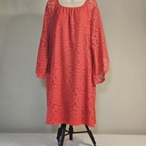 Coral Lace Shift Dress - Women's Crochet Overlay